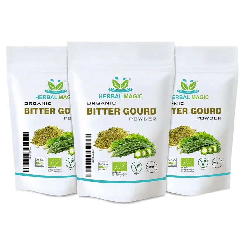 Herbal Magic's Organic Bitter Gourd Powder-Great Green Vegetable-Also Known as Karela, Bitter Melon,Balsam-pear. Free from Fillers & Preservatives- of&G UK Organic Certified- 100g (Pack of 3)